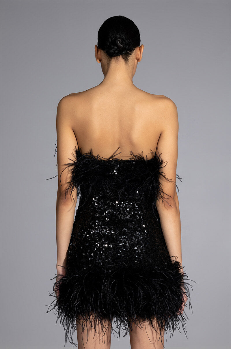 BON ANNIVERSAIRE FEATHER TRIM SEQUIN MINI DRESS