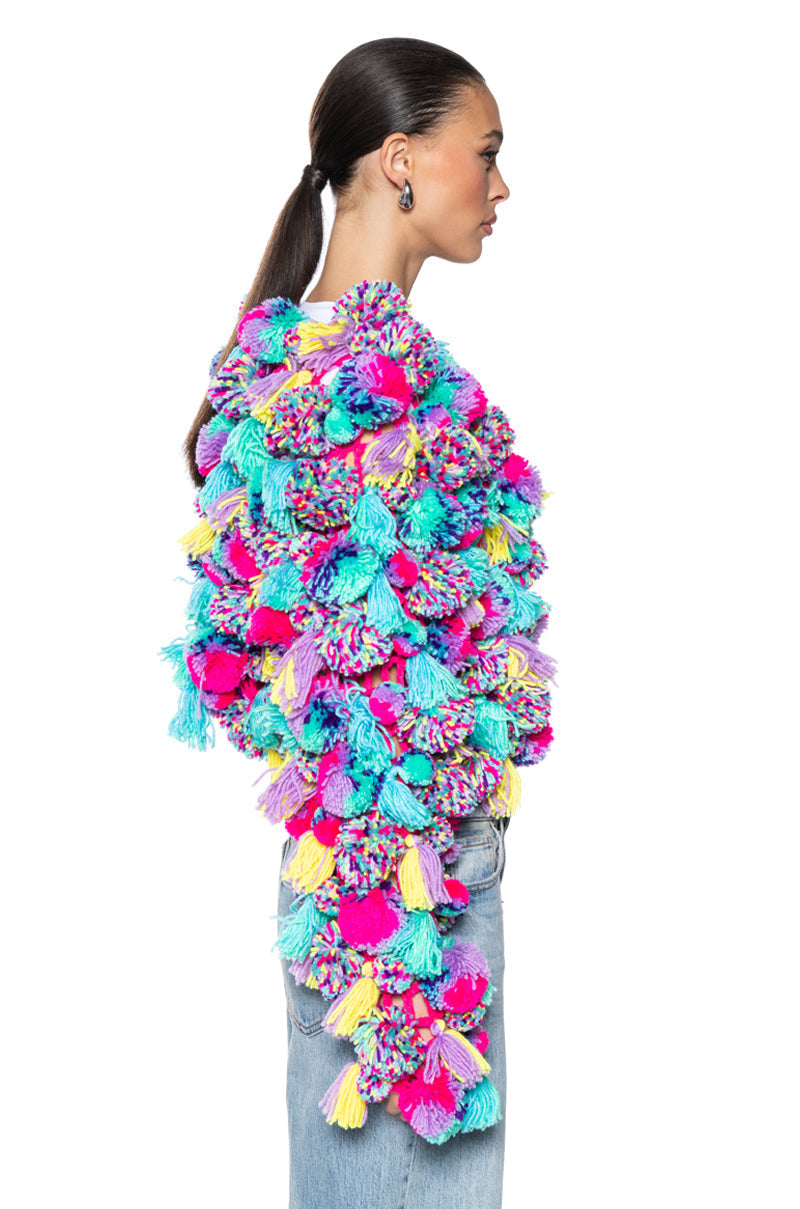 MULTI COLORED POM POM SWEATER