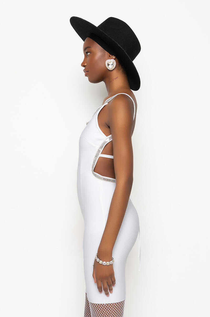 BANDAGE LOW BACK STONE DETAIL MINI DRESS