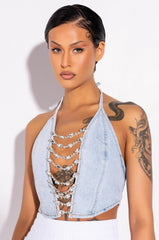 COVERED IN DIAMONDS DENIM PLUNGE CROP TOP