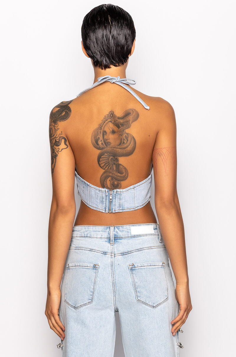 COVERED IN DIAMONDS DENIM PLUNGE CROP TOP