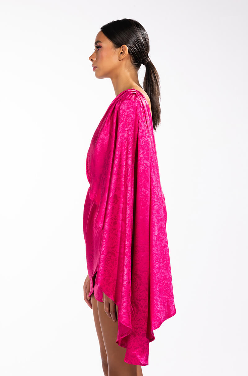 COME ON IT ONE SHOULDER CASCADING SATIN MINI DRESS