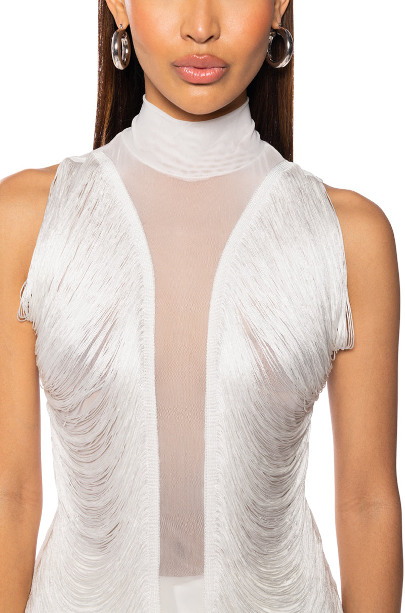 DANIELA FRINGE DETAIL SLEEVELESS MESH TOP
