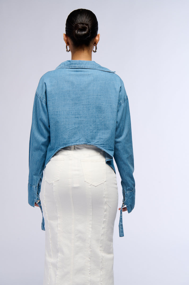 DAY TRIP BUCKLED FRONT DENIM BLOUSE