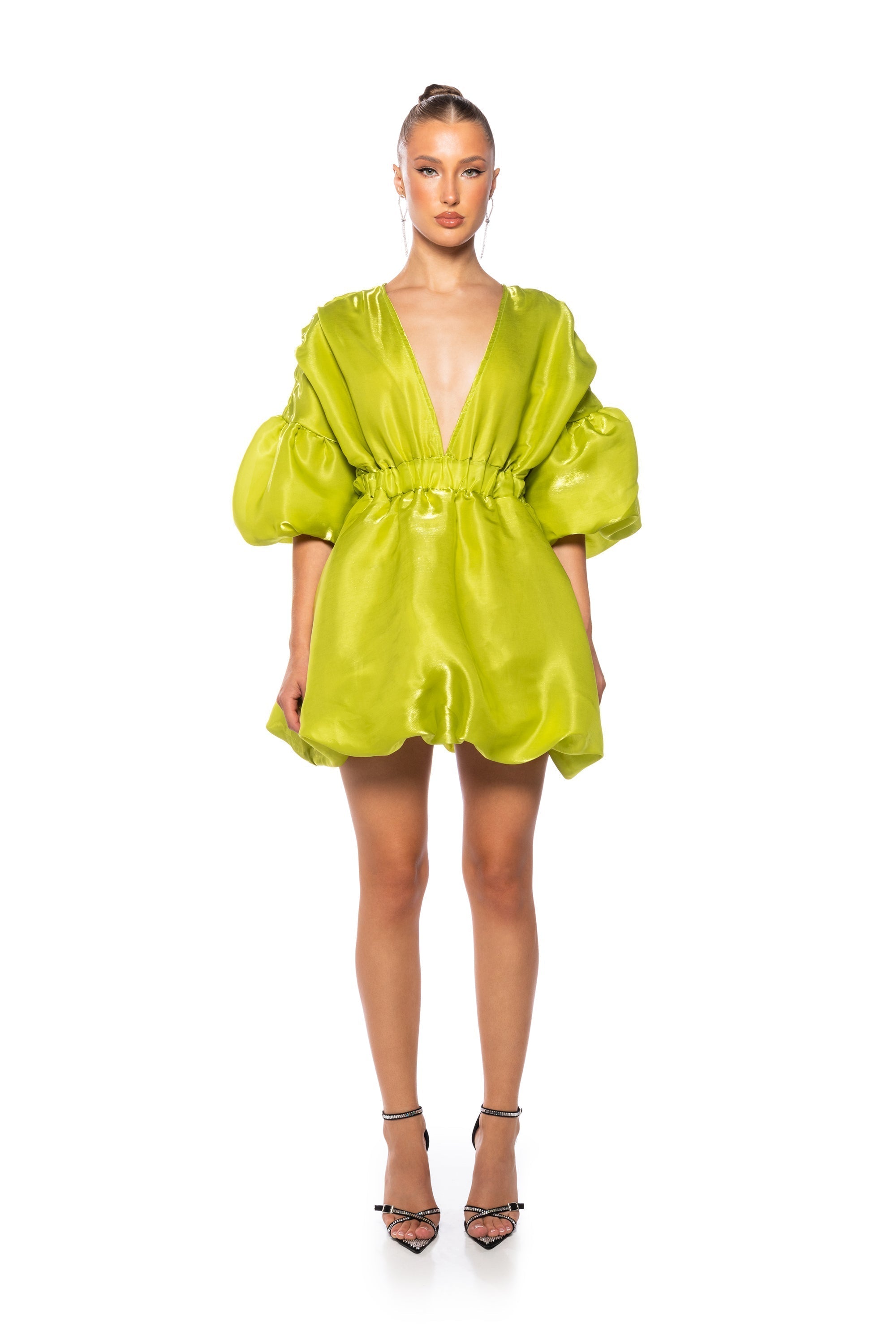 DIXIE BALLOON SLEEVE MINI DRESS IN LIME