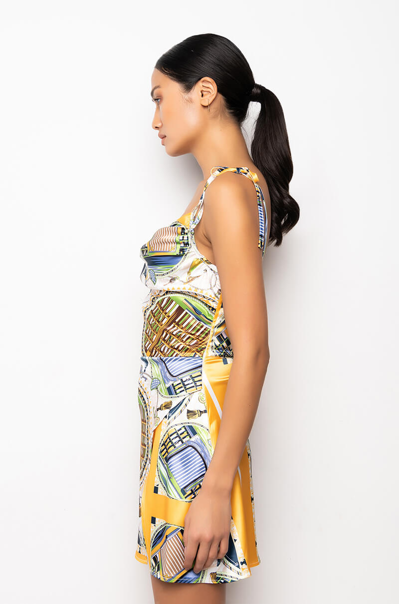 DON'T PLAY ME SCARF PRINT SATIN MINI DRESS