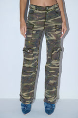 DOWN AND DIRTY CAMO WIDE LEG RHINESTONE CARGO PANT