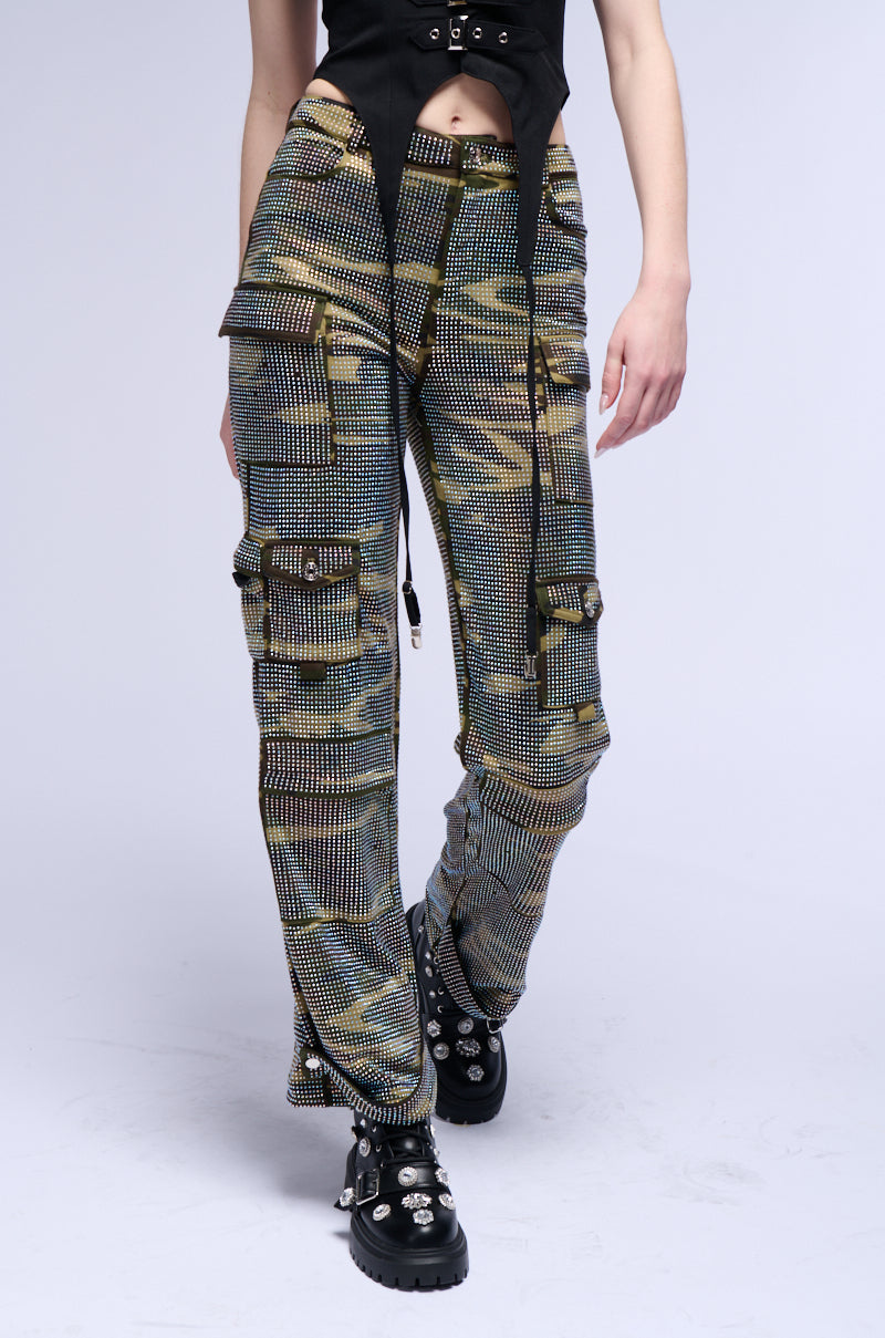 DOWN AND DIRTY CAMO WIDE LEG RHINESTONE CARGO PANT