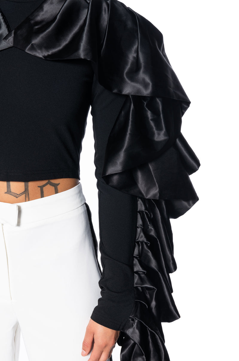 DRAMATIC RUFFLE SLEEVE MOCK NECK TOP