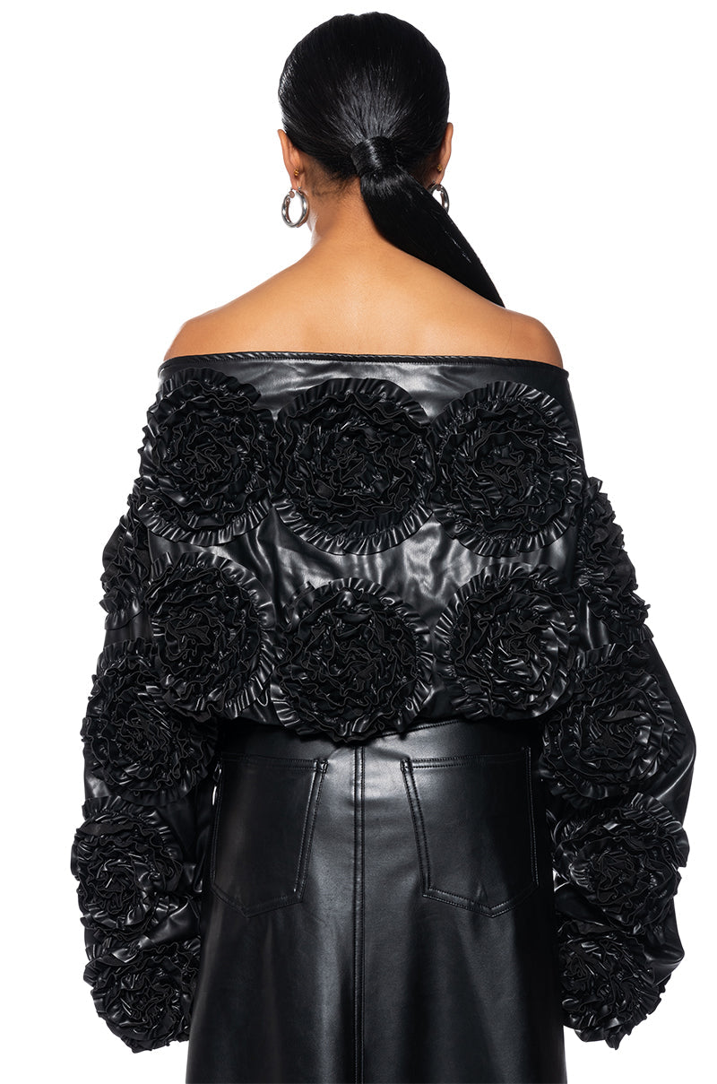 EASY FAUX LEATHER OFF THE SHOULDER SWEATSHIRT