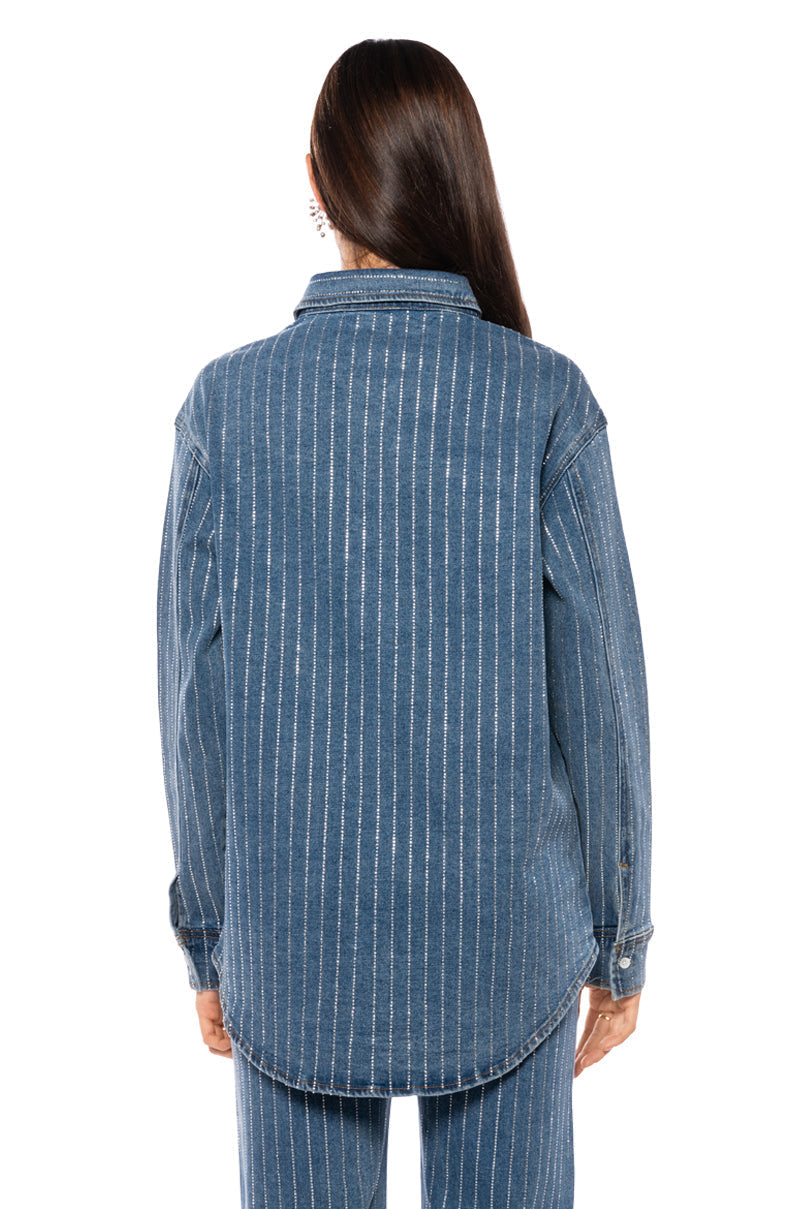 EFFORTLESS GLAM RHINESTONE STRIPE BUTTON DOWN SHIRT