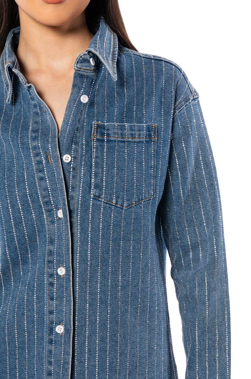 EFFORTLESS GLAM RHINESTONE STRIPE BUTTON DOWN SHIRT