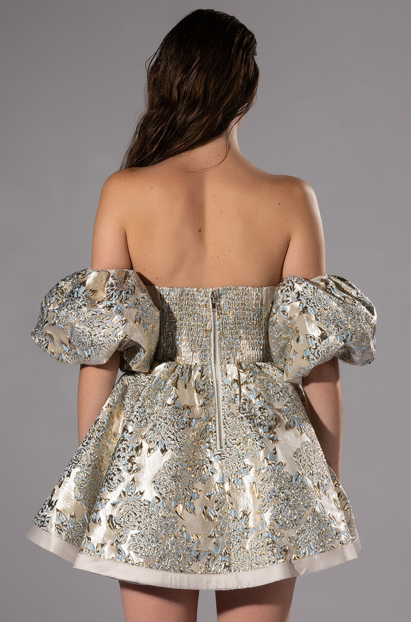 ELOISE OFF THE SHOULDER BROCADE DRESS