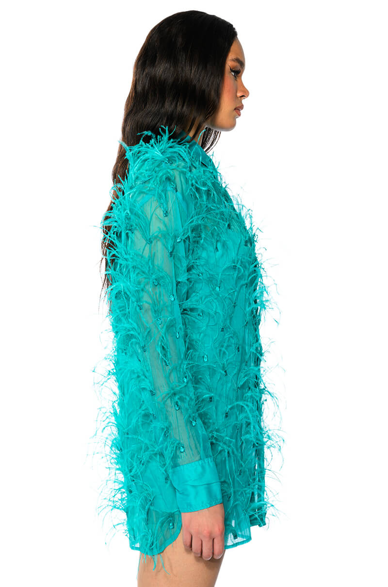 ELSIE FEATHER DETAIL SHIRT DRESS