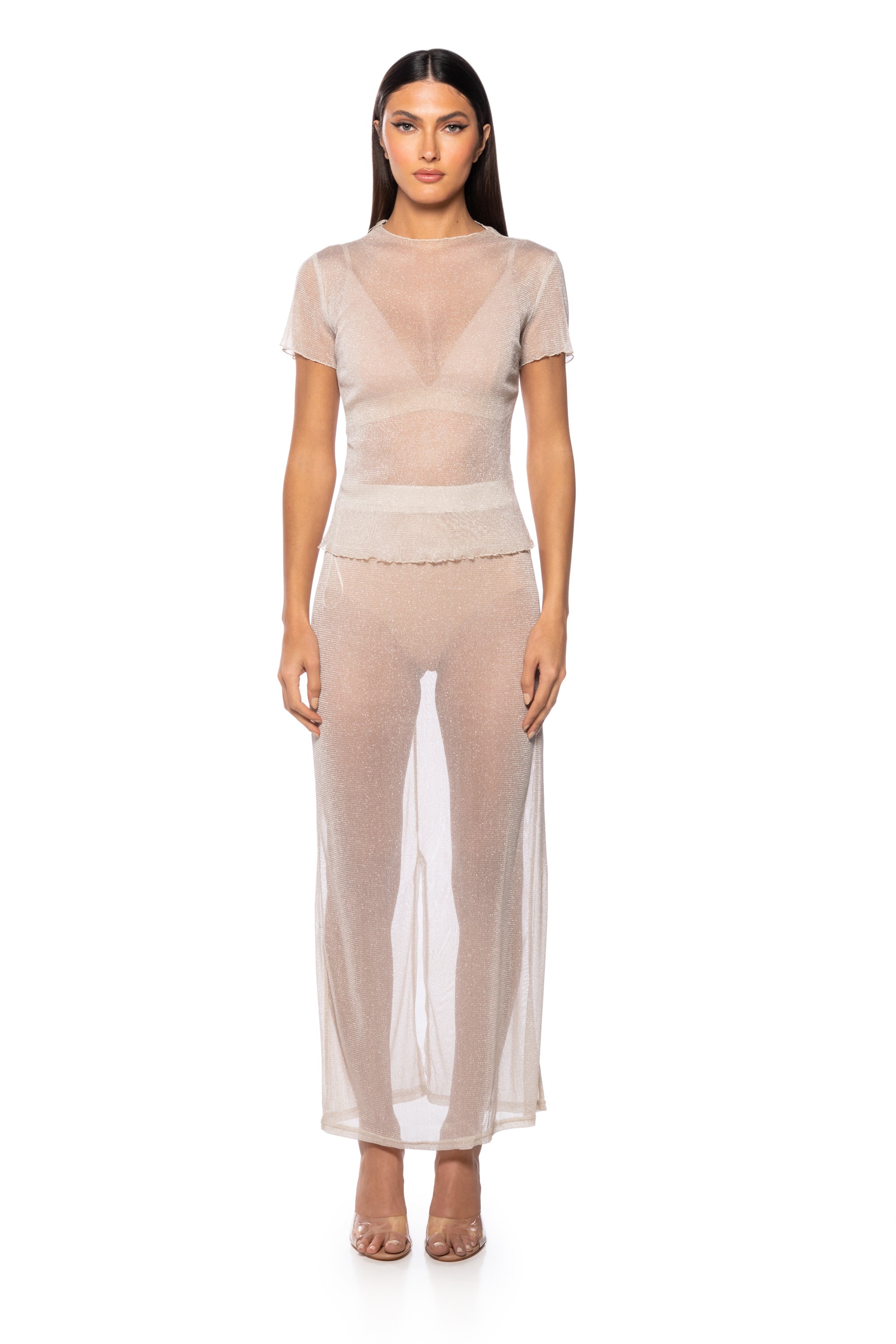 ESTELLE MOCK NECK LETTUCE HEM MESH TOP