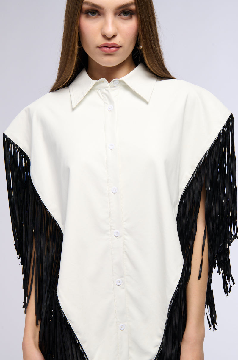 FLY HIGH FAUX LEATHER TOP WITH FRINGE