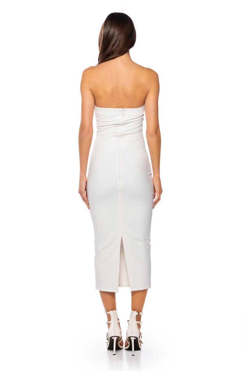FRONT ROW BODYCON STRAPLESS MAXI DRESS IN WHITE