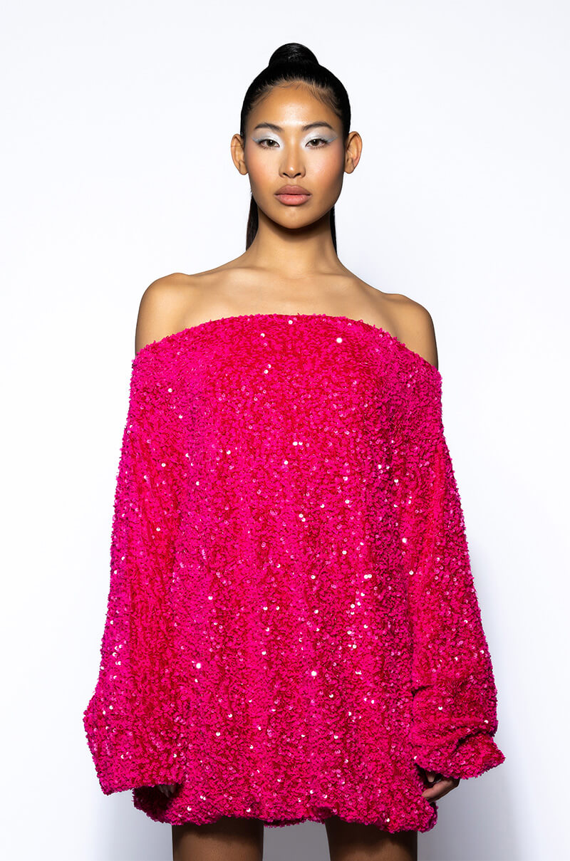 GEMMA OFF THE SHOULDER VOLUMINOUS SEQUIN MINI DRESS