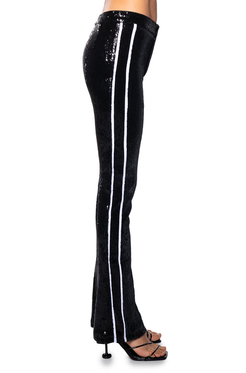 GET DOWN ON IT SEQUIN FLARE TROUSER IN BLACK