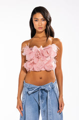 GIN FIZZ STRAPLESS APPLIQUE CROPPED BLOUSE