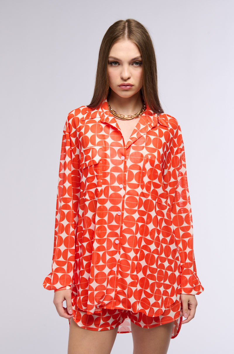 GIVE ME MONEY HONEY PRINTED MESH BUTTON DOWN BLOUSE