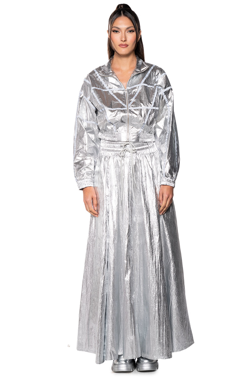 GIVE YOU THE WORLD METALLIC REFLECTIVE BOMBER JACKET