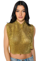 GLISTEN OPEN BACK RHINESTONE CHAIN MAIL TOP IN GOLD