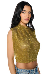 GLISTEN OPEN BACK RHINESTONE CHAIN MAIL TOP IN GOLD