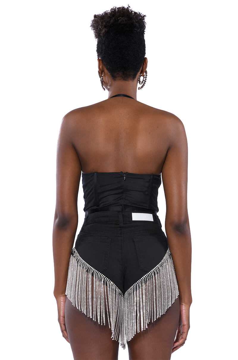 GLITCH IN THE MATRIX RHINESTONE MESH HALTER BODYSUIT