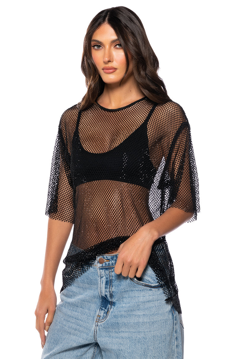 GOT PLANS TONIGHT RHINESTONE MESH T-SHIRT
