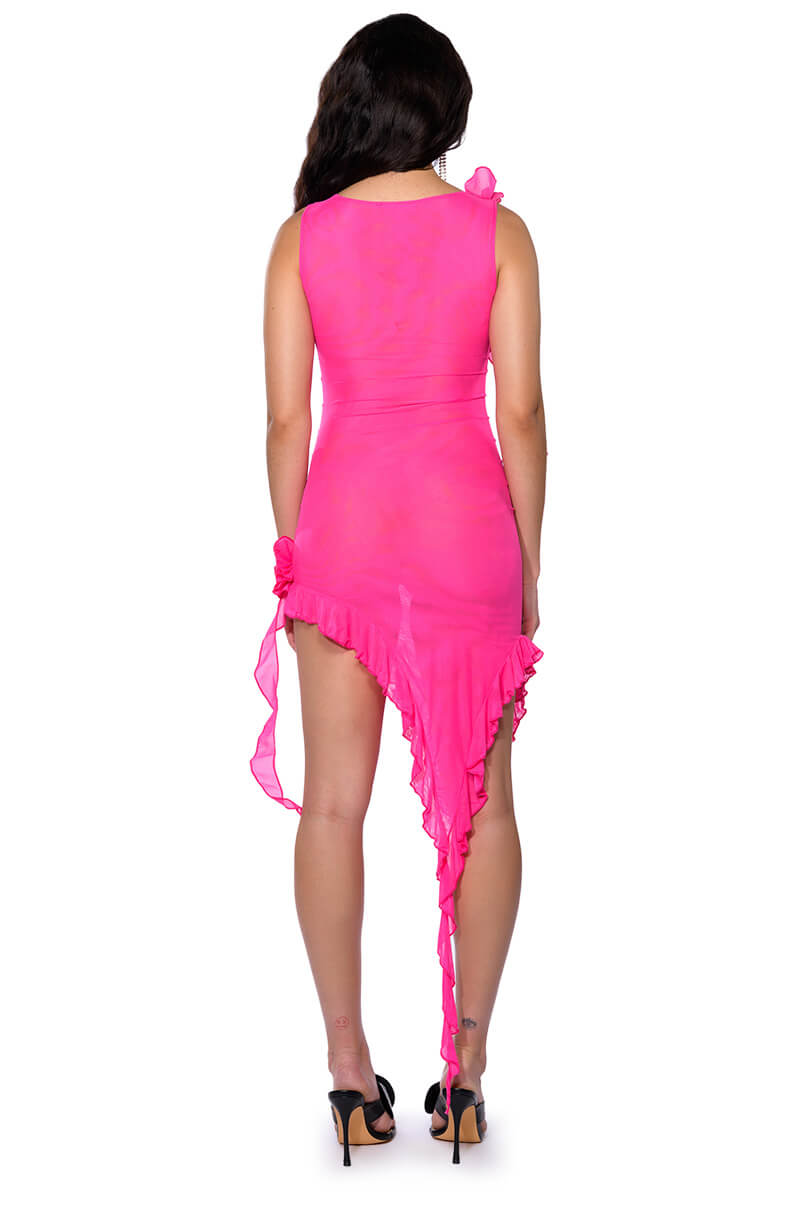 HAILEY SLEEVELESS ASYMMETRICAL RUFFLE MESH MIDI DRESS
