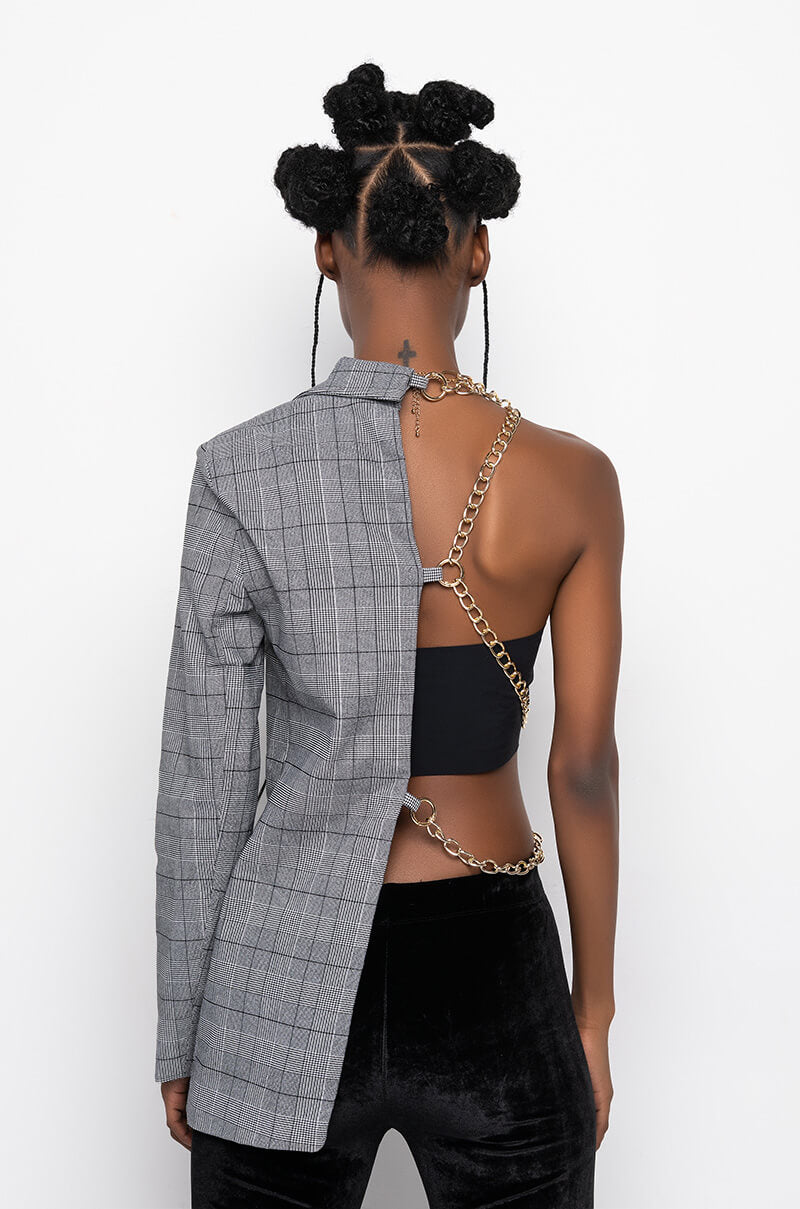 HALF AND HALF PLAID BLAZER WITH CHAIN