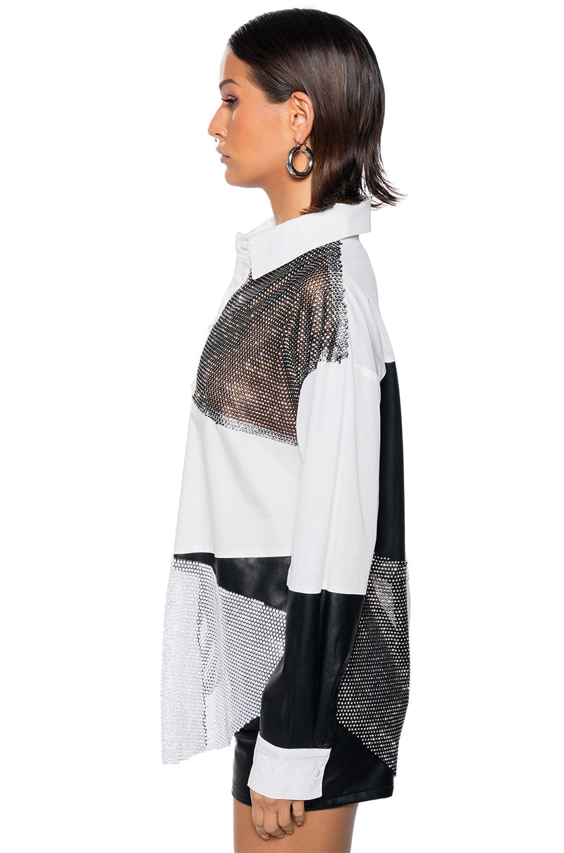 HANDS TO MYSELF LONG SLEEVE RHINESTONE POPLIN SHIT