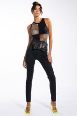 HERE AND THERE RHINESTONE MESH PANEL SLEEVELESS CHEEKY BODYSUIT