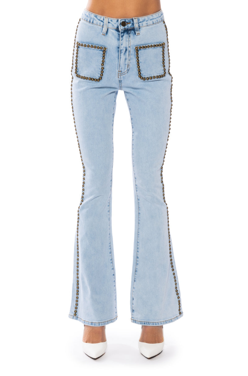 HERE TO STAND OUT EMBELLISHED HIGH RISE FLARE JEANS