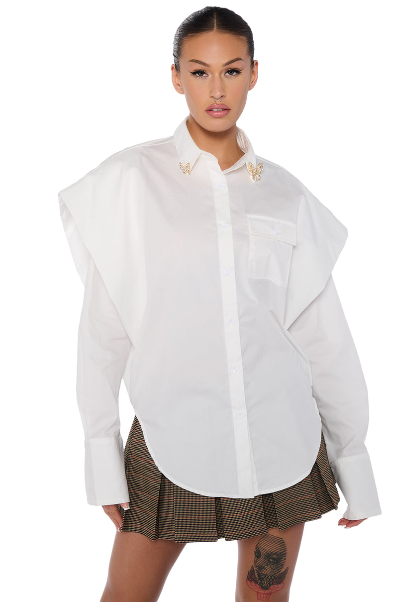 HIGH POINTED SHOULDER BUTTON DOWN POPLIN SHIRT