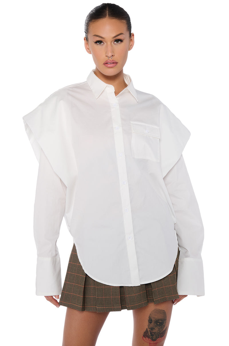 HIGH POINTED SHOULDER BUTTON DOWN POPLIN SHIRT