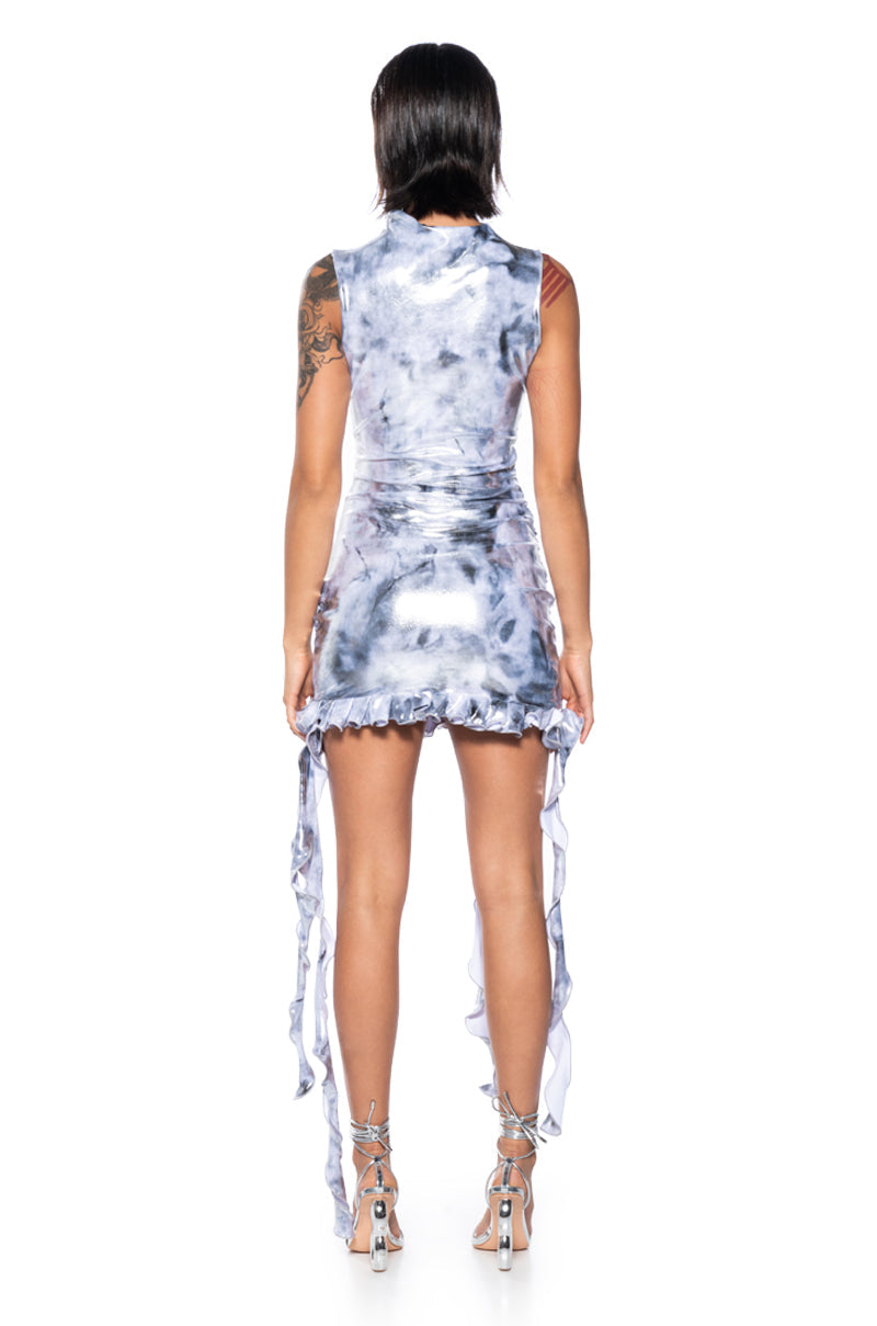 HIT PLAY METALLIC RUFFLE MINI DRESS