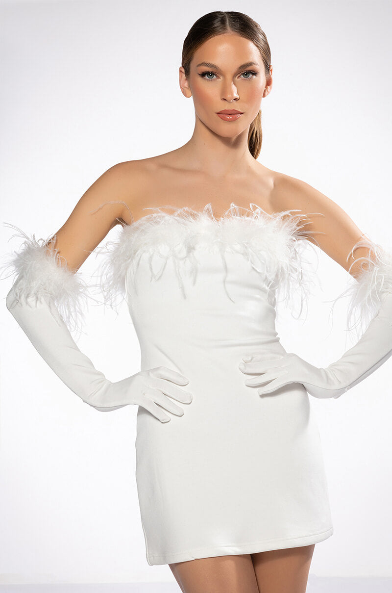 HOLLY FEATHER DETAIL STRAPLESS BODYCON DRESS WITH GLOVES