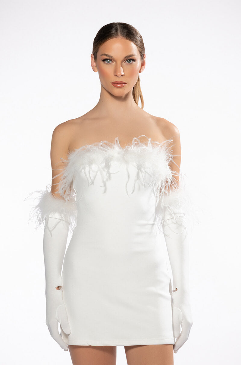 HOLLY FEATHER DETAIL STRAPLESS BODYCON DRESS WITH GLOVES