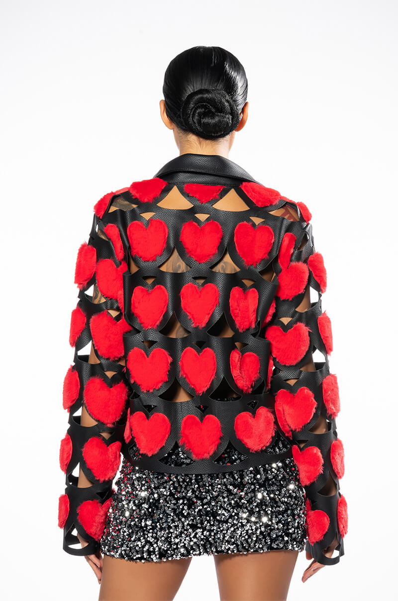 I HEART YOU FUR BOMBER JACKET WITH PU