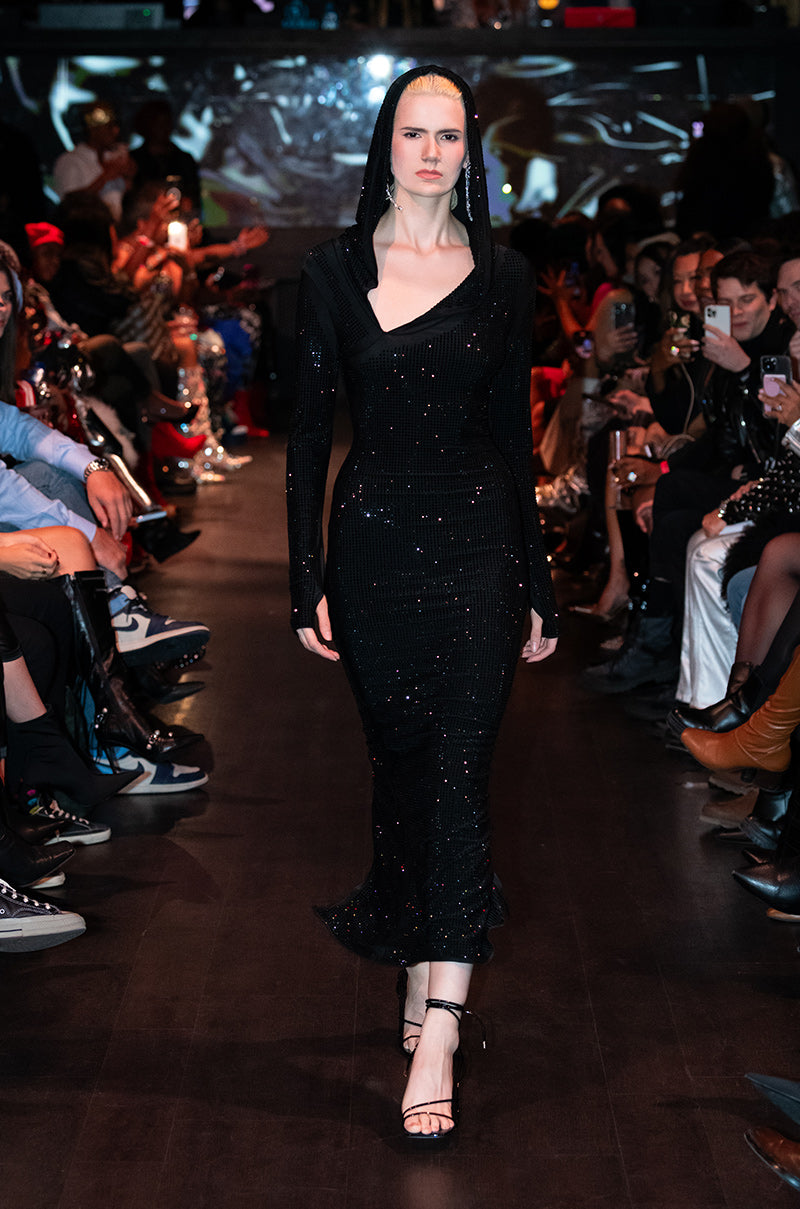 IMA SHINE RHINESTONE HOODED MIDI DRESS IN BLACK