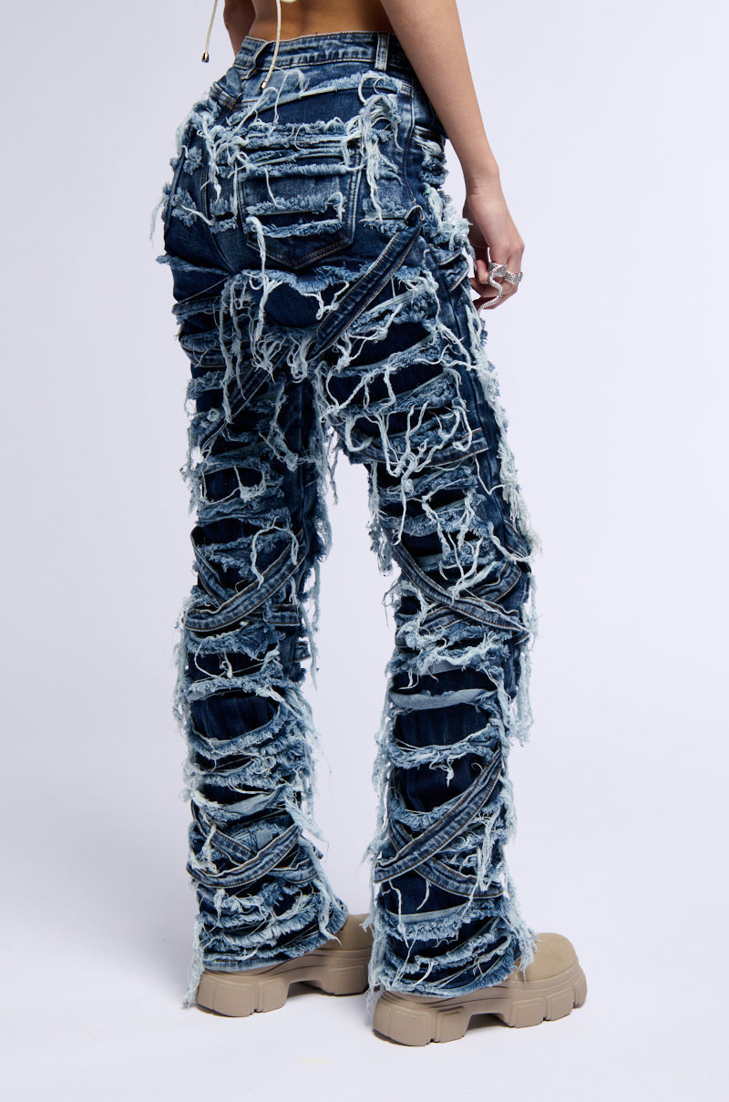 IMANI SUPER DISTRESSED RELAXED FIT JEANS IN DARK BLUE
