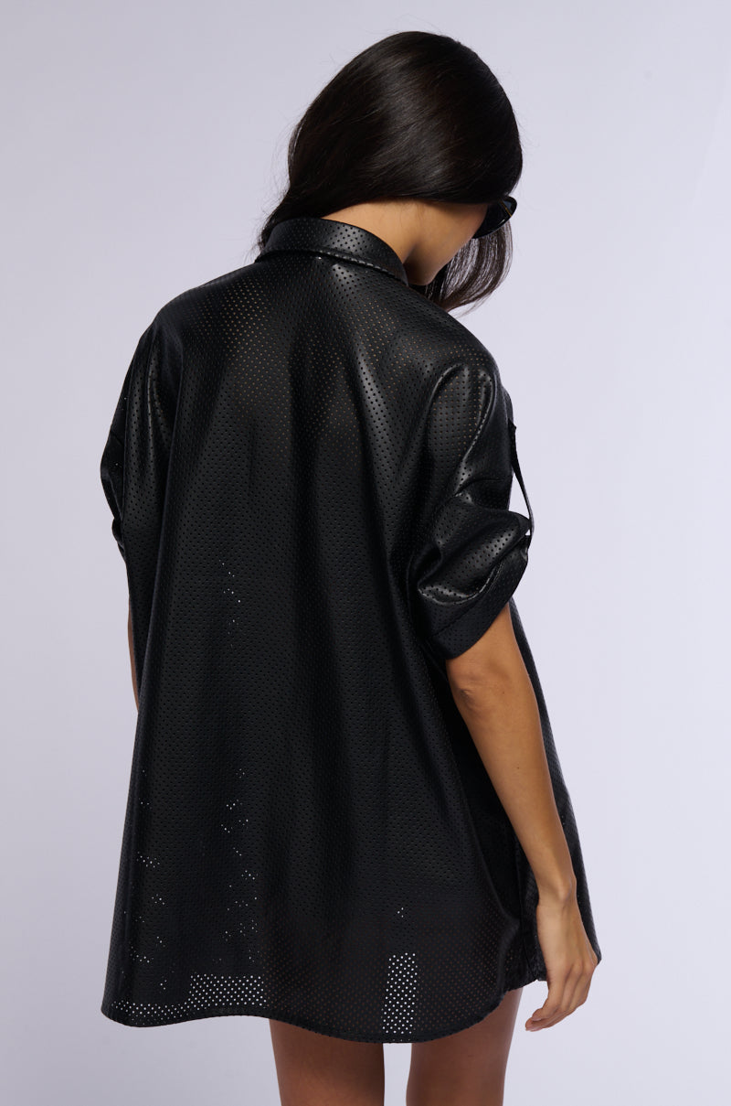INCOGNITO LASER CUT OUT FAUX LEATHER SHIRT DRESS