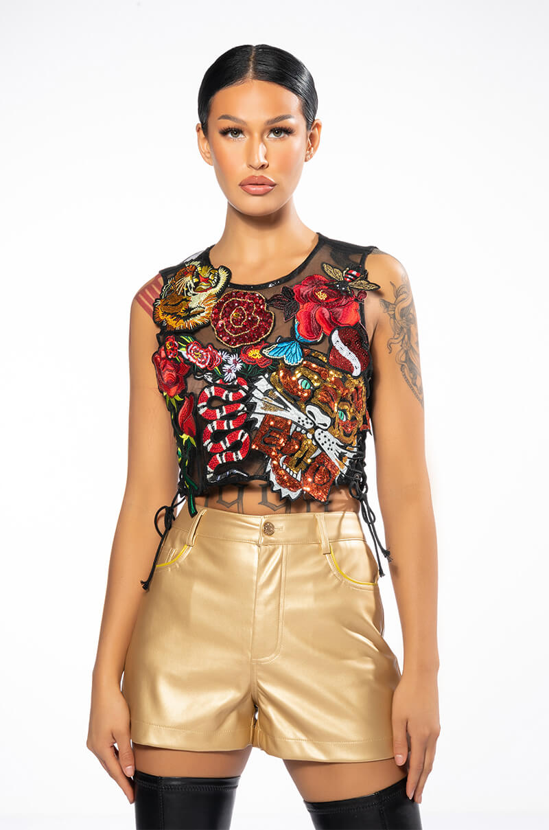 INKED SLEEVELESS SEQUIN APPLIQUE CROP TOP