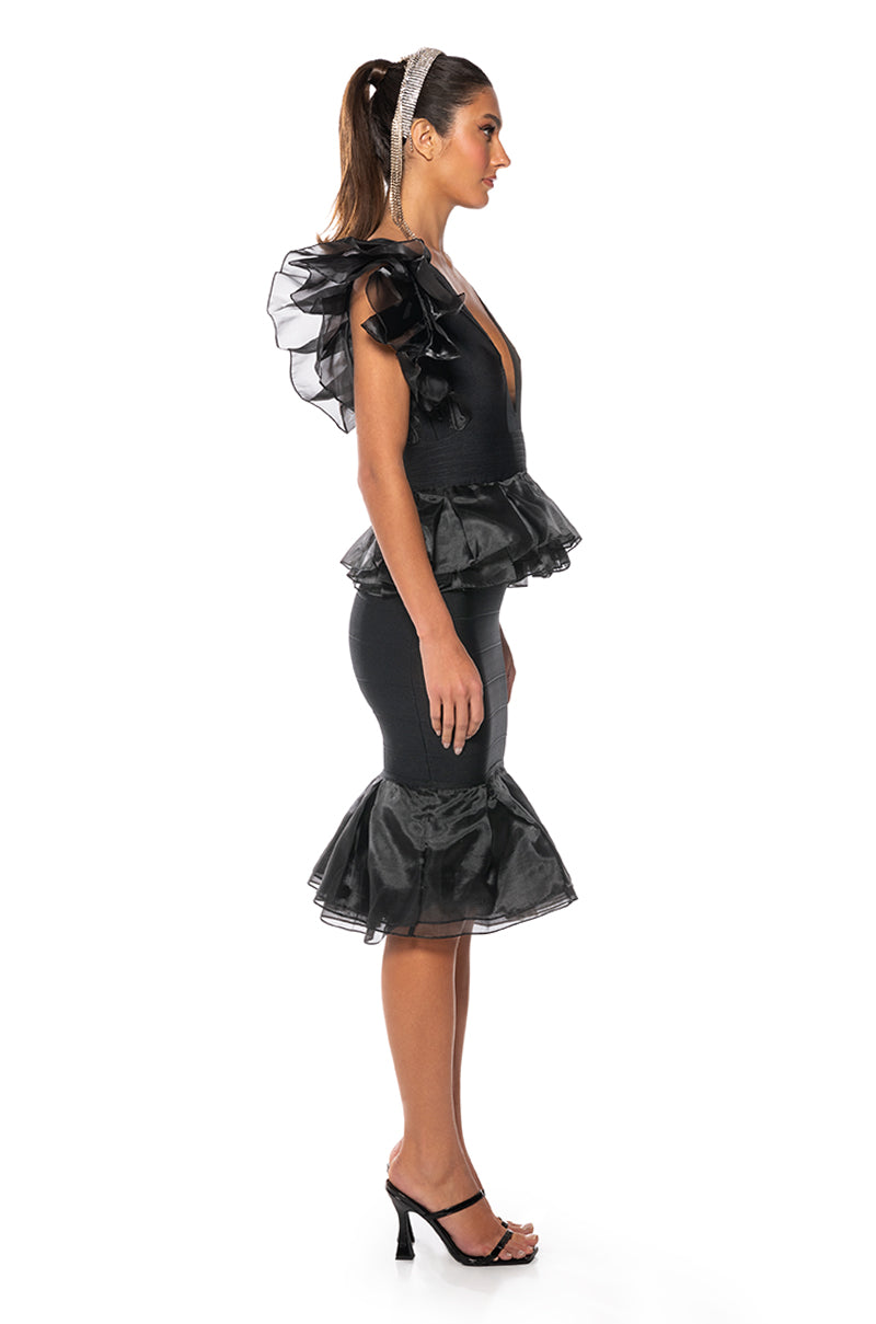 INTO THE NIGHT BLACK RUFFLE BANDAGE DRESS