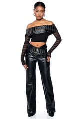 INVEST IN ME FAUX LEATHER OFF THE SHOULDER MESH TOP