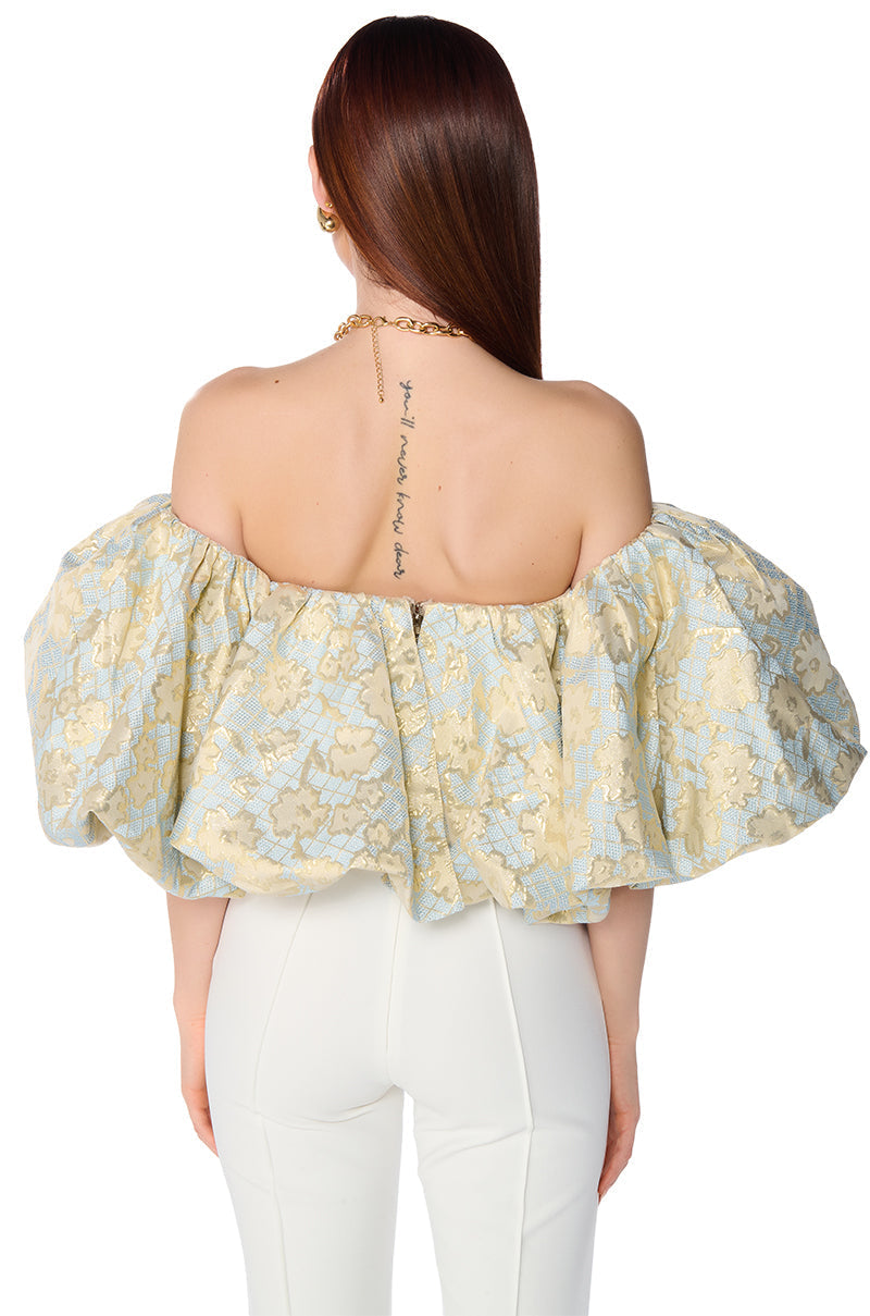 IRIS OFF THE SHOULDER BLUE BROCADE BLOUSE