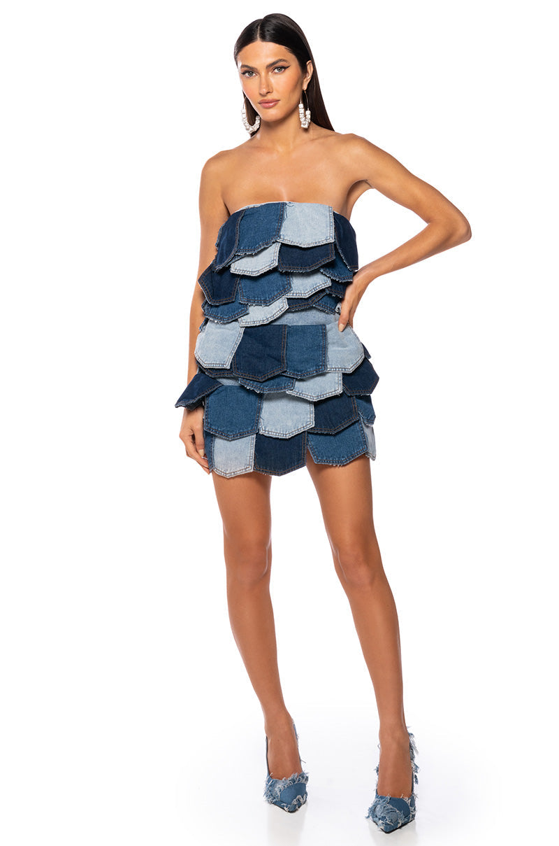 ISLA DENIM PATCHWORK STRAPLESS MINI DRESS