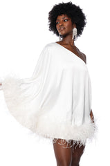 ISNT IT LOVELY ONE SHOULDER FEATHER HEM MINI DRESS IN WHITE